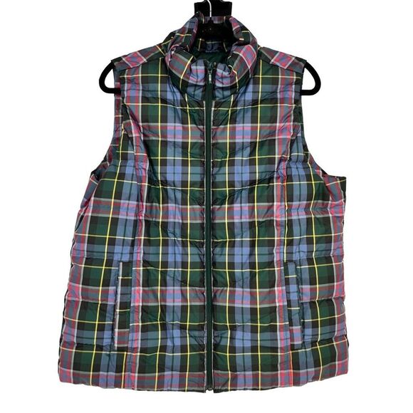 Lands End Girls Puffer Vest Down Filled Plaid Green Size L 14 - 16 Pockets - Picture 1 of 7